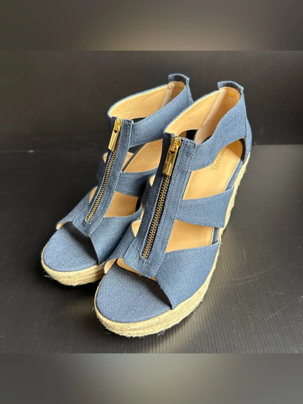 Pre-Owned Michael Kors Navy Canvas Damita Wedge Espadrille Women’s Size 9.5